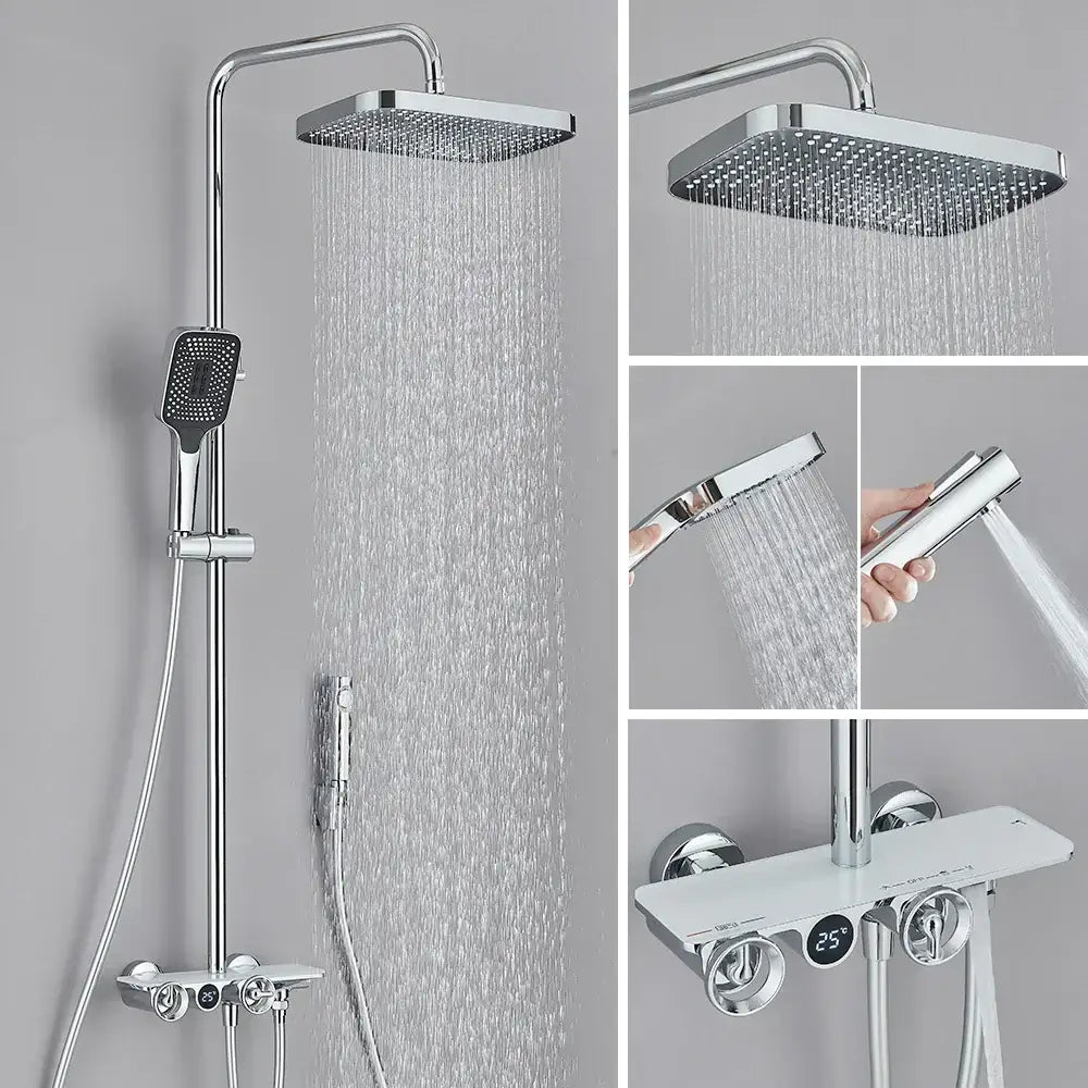 Modern chrome-finished shower faucet set with square rainhead handheld spray and digital temperature display