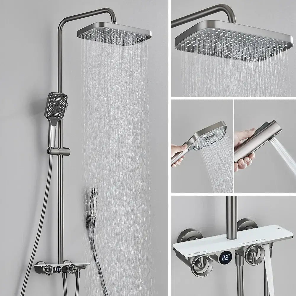 Modern matte black and grey digital shower faucet set with square rainhead handheld spray and temperature display