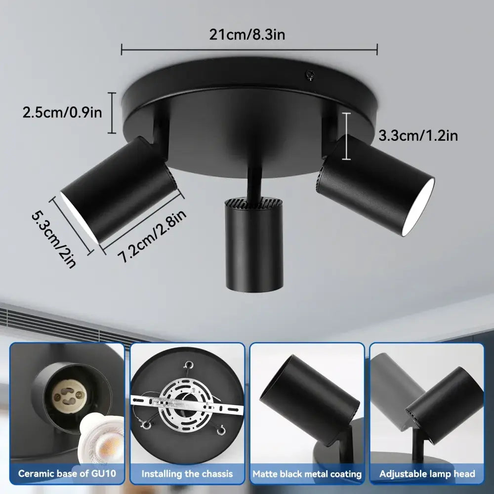 Modern matte black gu10 led ceiling light with three adjustable black matte metal heads and ceramic gu10 base for dining rooms