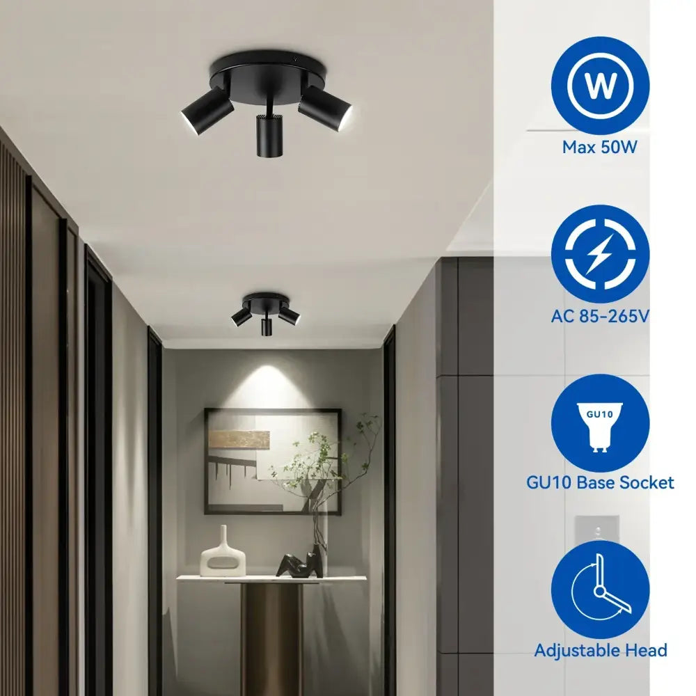 Black three-light adjustable ceiling light with matte finish modern minimalist design decorbites gu10 led ceiling
