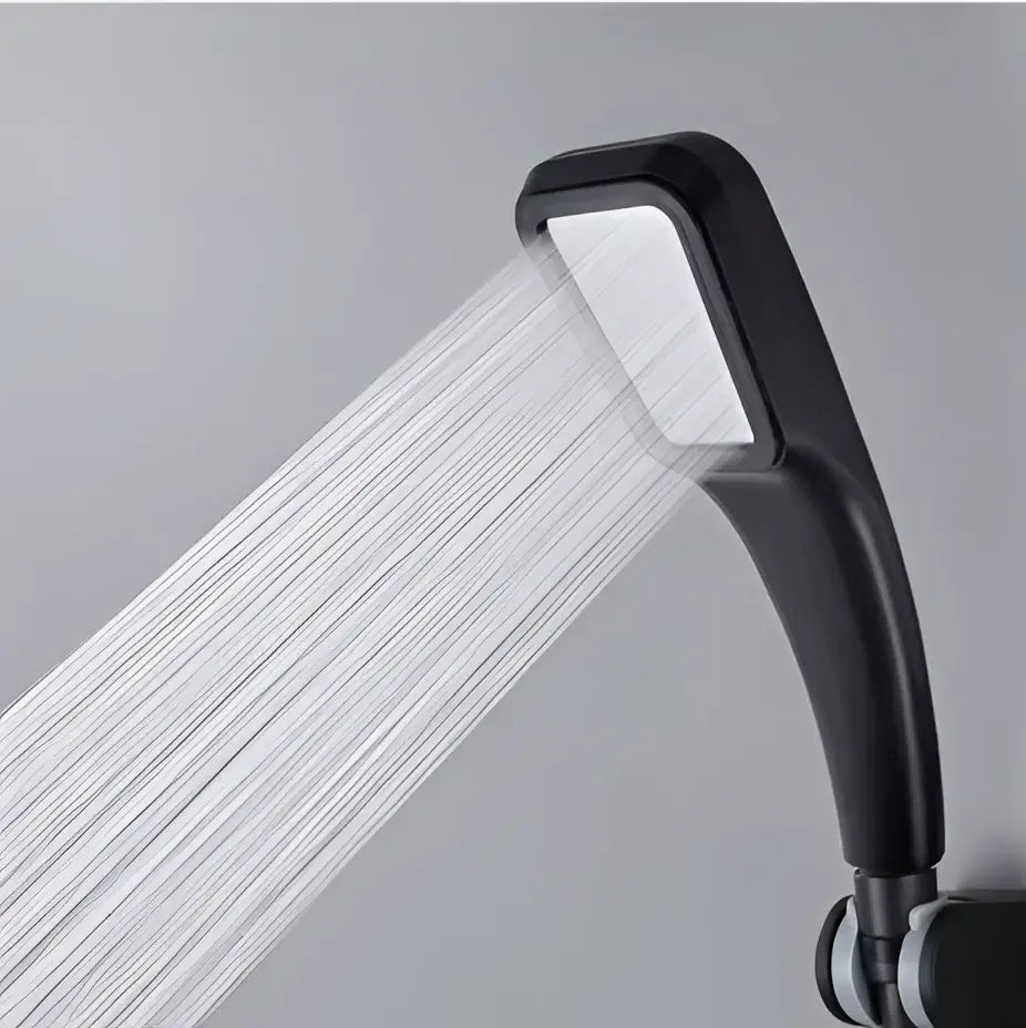 Modern matte black high pressure rainfall shower head with sleek rectangular design and smooth matte finish for bathroom use