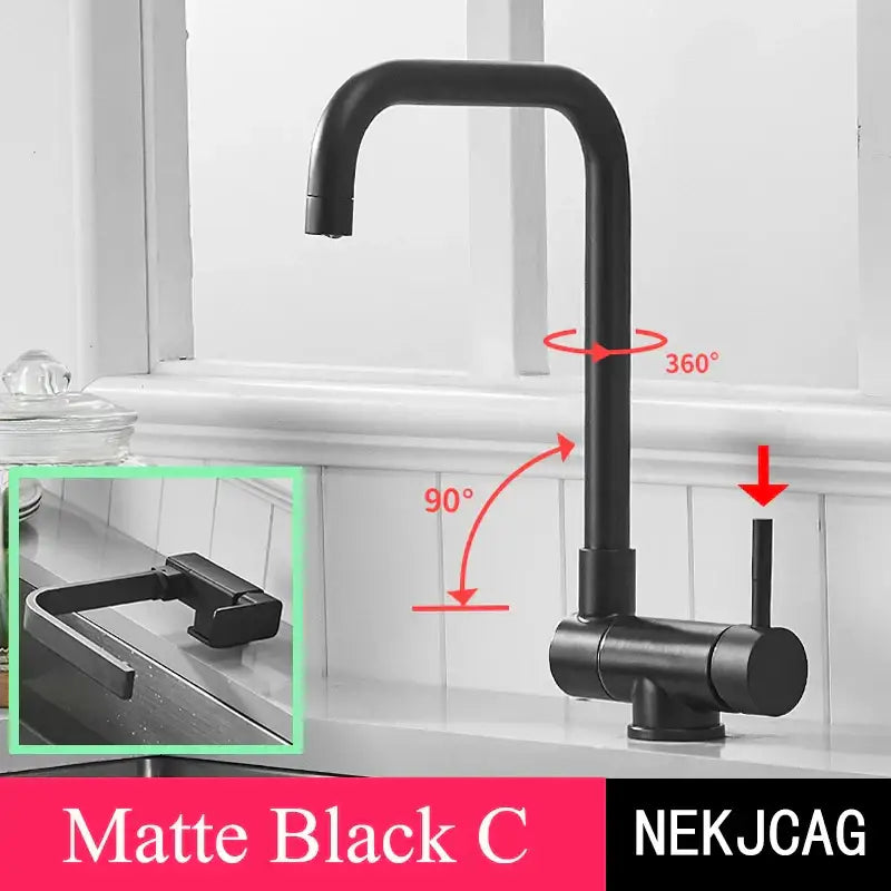 Modern matte black kitchen faucet with a 360 rotating curved spout and single handle for easy control and functionality
