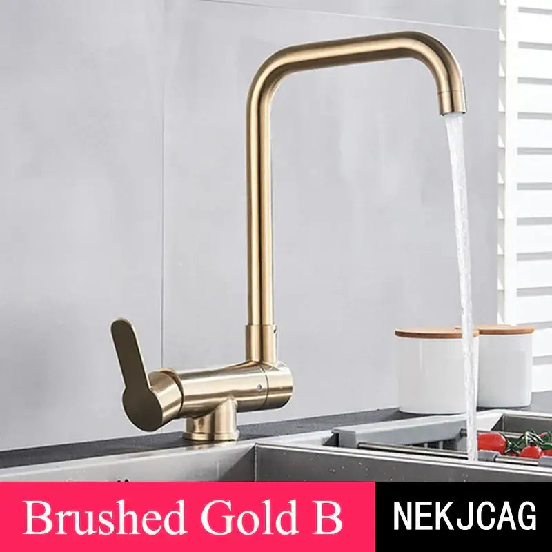 Brushed gold kitchen faucet with sleek modern design and curved spout for rotating black kitchen faucet use