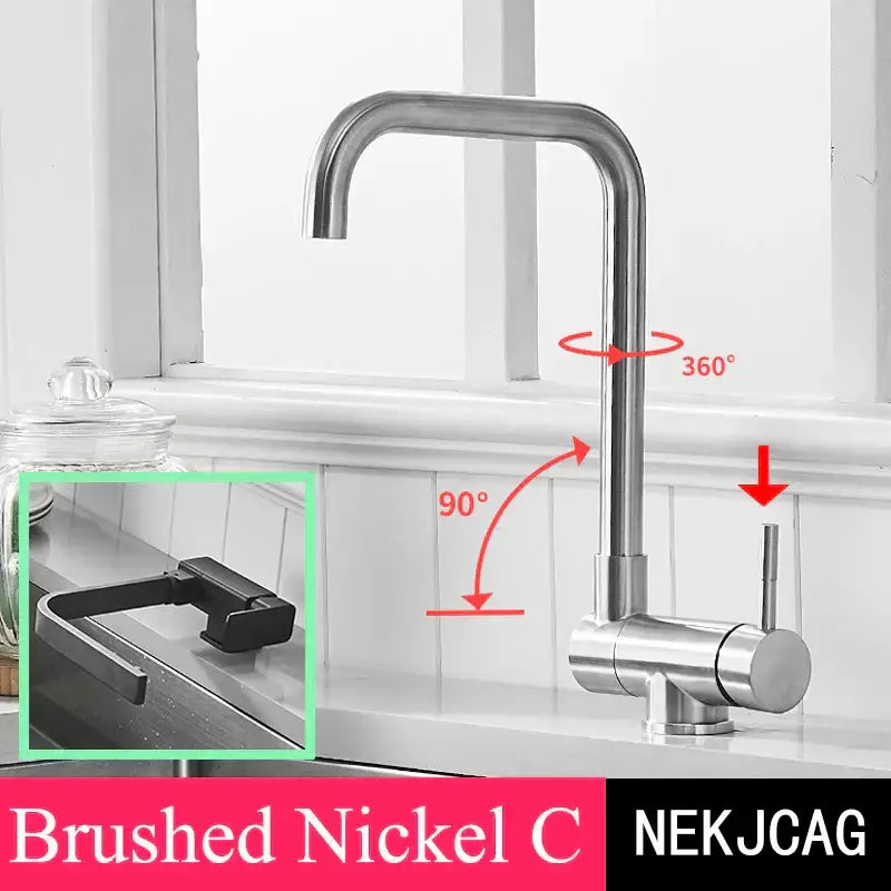 Modern matte black kitchen faucet with brushed nickel finish features 360-degree swivel and 90-degree angle adjustment