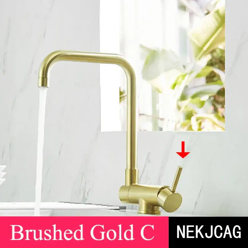 Brushed gold kitchen faucet with curved spout and sleek design in a modern matte black rotating black kitchen faucet style