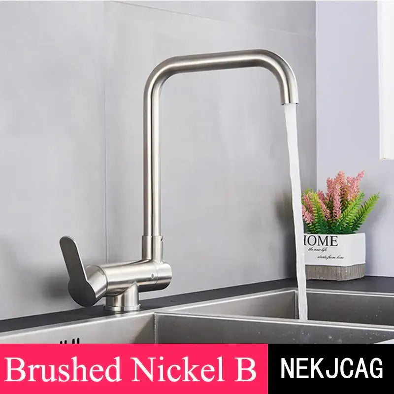 Brushed nickel kitchen faucet with sleek curved spout paired with modern matte black rotating sink mixer tap