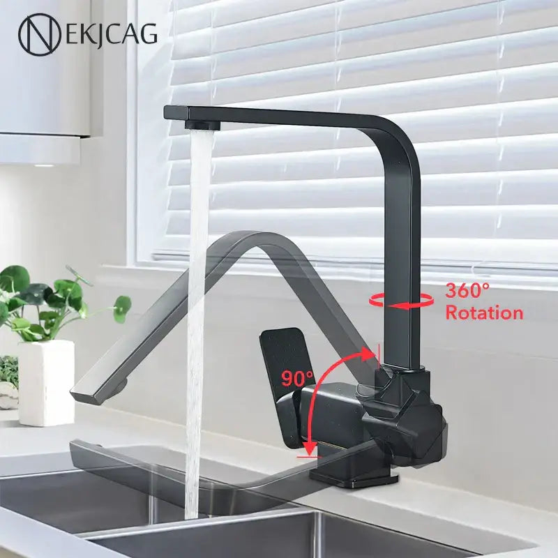 Modern matte black kitchen faucet with a rotating black kitchen tap and 360-degree swivel for sink mixing