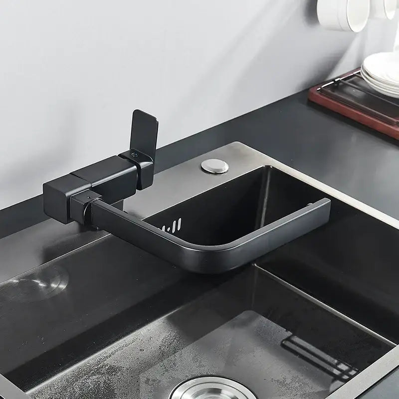 Modern matte black kitchen faucet with a sleek angular design and integrated pull-down spout rotating black kitchen faucet