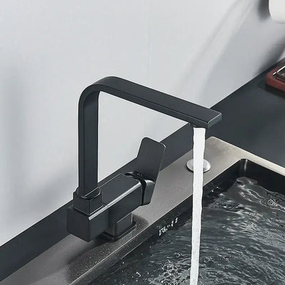 Modern matte black kitchen faucet with sleek angular design and 360 rotating black kitchen sink mixer tap