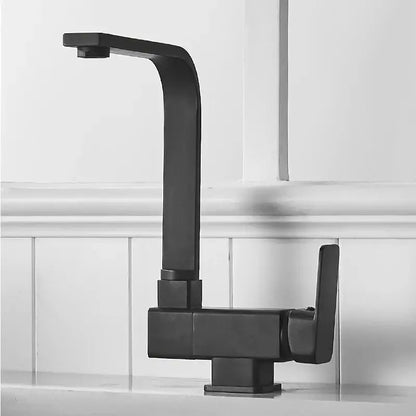 Modern matte black kitchen faucet with angular geometric design and 360 rotating black kitchen sink mixer tap