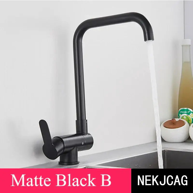 Modern matte black kitchen faucet with sleek curved spout and 360 degree rotating black kitchen sink mixer tap design