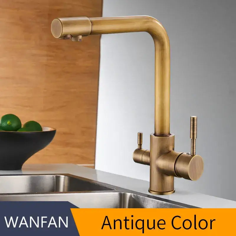 Antique brass-finished kitchen faucet with curved spout and dual handles suitable as a decorbites kitchen faucet mixer