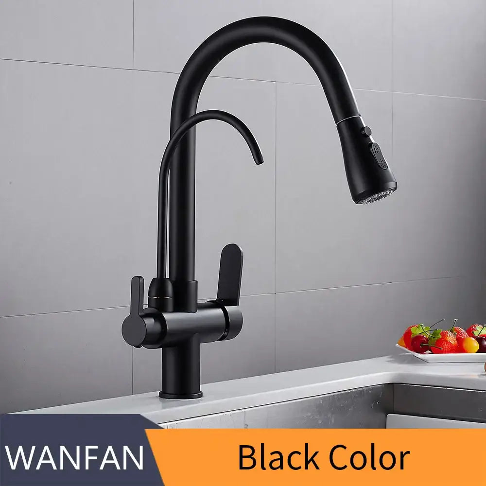 Modern matte black kitchen faucet mixer with 360 rotation featuring a black matte finish curved spout and pull-down spray head