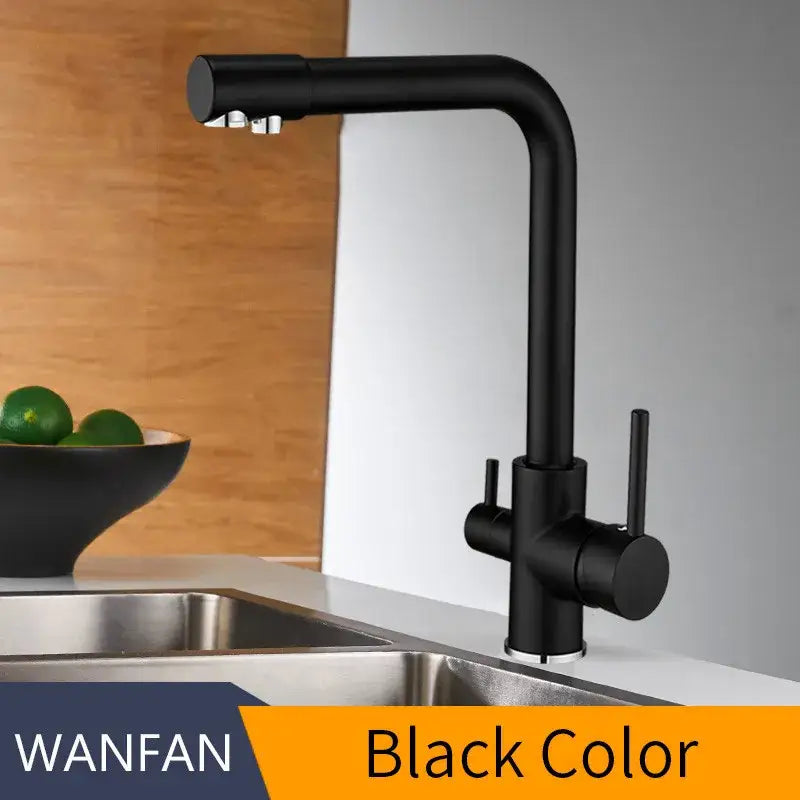 Modern matte black kitchen faucet mixer with dual handles and 360 rotation for decorbites kitchen faucet design