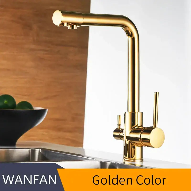 Golden brass-finished kitchen faucet with dual handles and modern design featured in decorbites kitchen faucet mixer