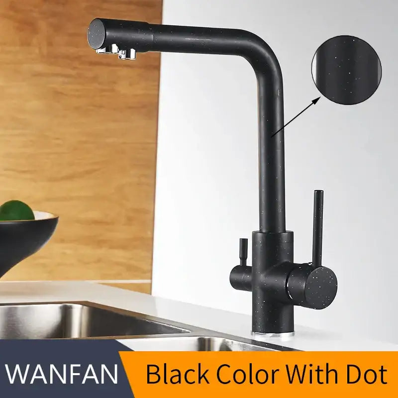 Modern matte black kitchen faucet mixer with 360 rotation featuring black speckled finish and dual handles for decorbites kitchen faucet
