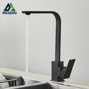 Modern matte black kitchen faucet with angular design and single lever handle by decorbites brushed nickel