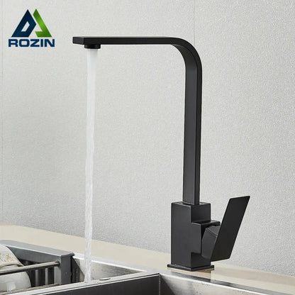 Modern matte black kitchen faucet with angular design and single lever handle by decorbites brushed nickel