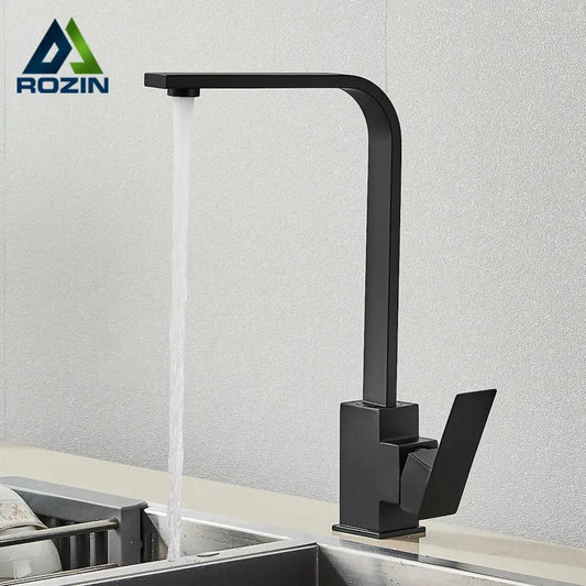 Modern matte black kitchen faucet with angular design and single lever handle by decorbites brushed nickel