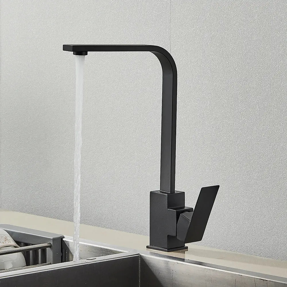 Modern matte black kitchen faucet with a sleek angular design and high-arc spout by decorbites brushed nickel