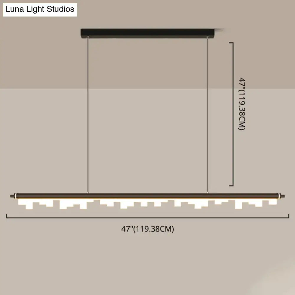 Modern matte black led island light with acrylic shade and chain cord length featuring warm white cityscape silhouette
