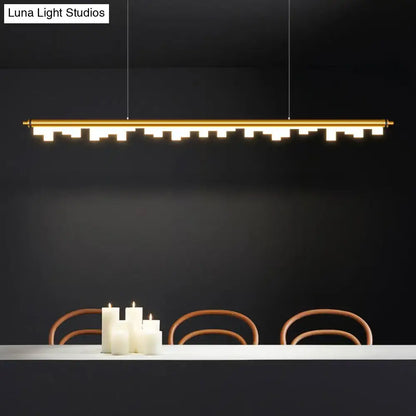 Modern matte black led island light with gold-toned linear acrylic shade warm white and adjustable chain cord length