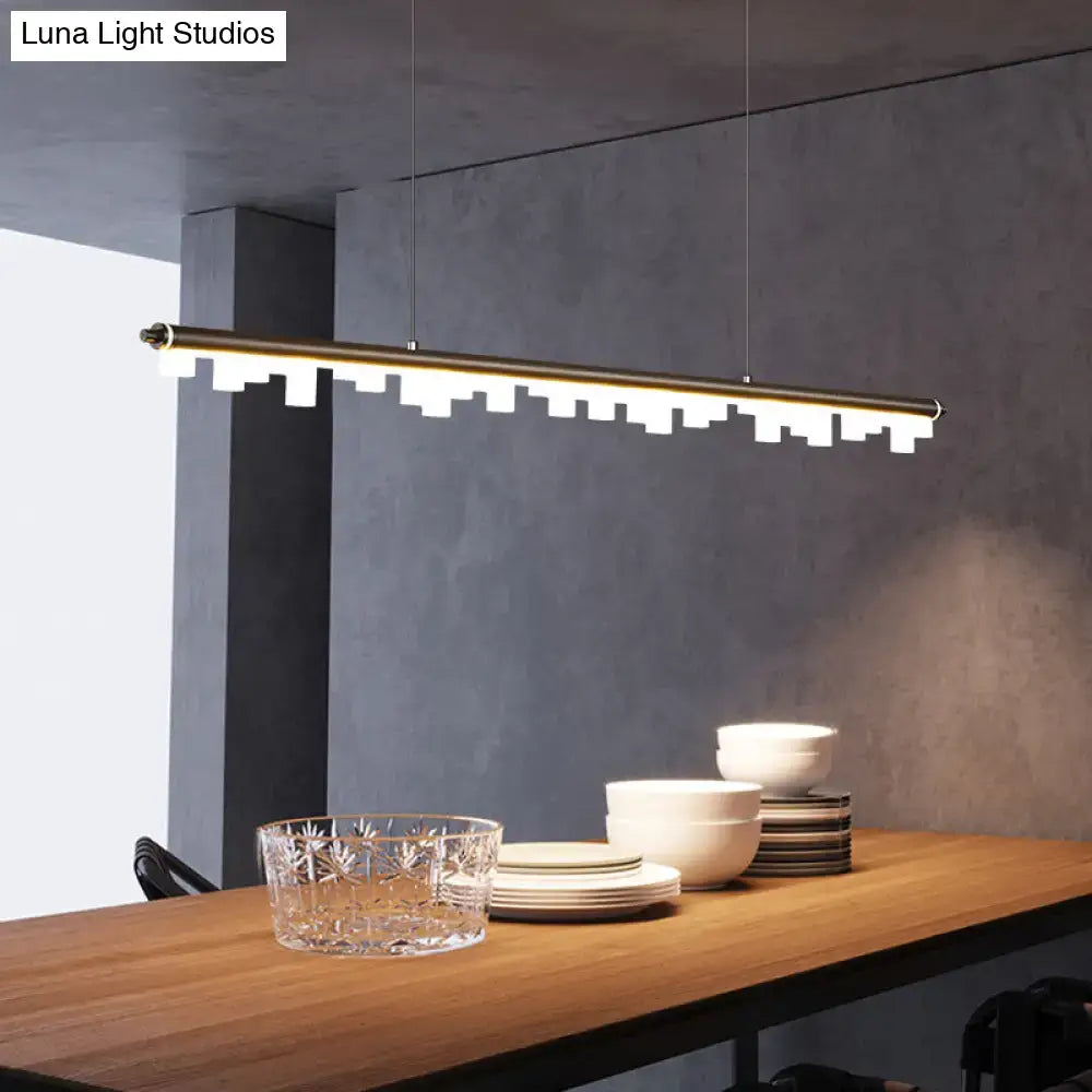 Modern matte black led island light with brass finish acrylic shade and chain cord length featuring warm white third lighting