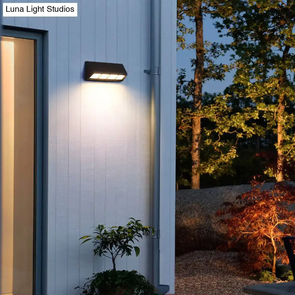 Modern matte black led outdoor wall sconce with bulb included mounted on white siding 110v-120v light fixture
