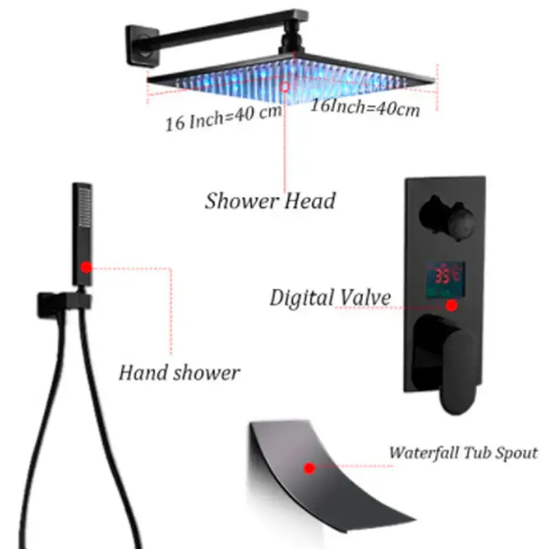 Modern matte black led rainfall shower faucet set with black square shower head and blue led lighting edges