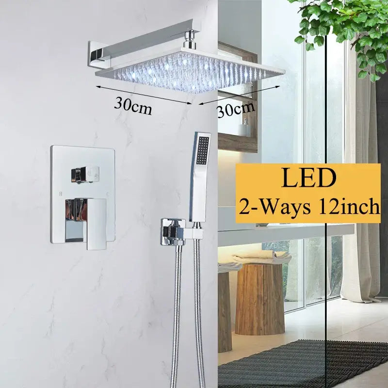 Modern matte black shower faucet set with square chrome led rainfall showerhead and crystal-like accents