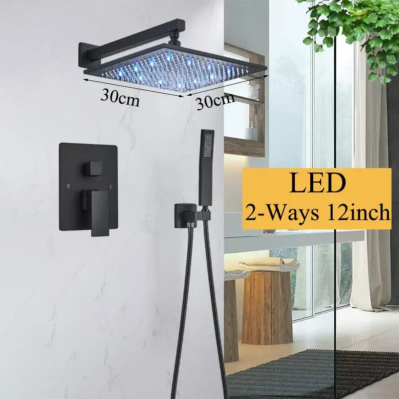 Modern matte black led rainfall shower faucet set with 30cm black square shower head and integrated blue lighting