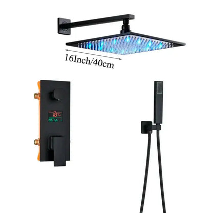 Modern matte black shower faucet set with 16-inch square rain shower head and blue led lighting for bathroom fixtures