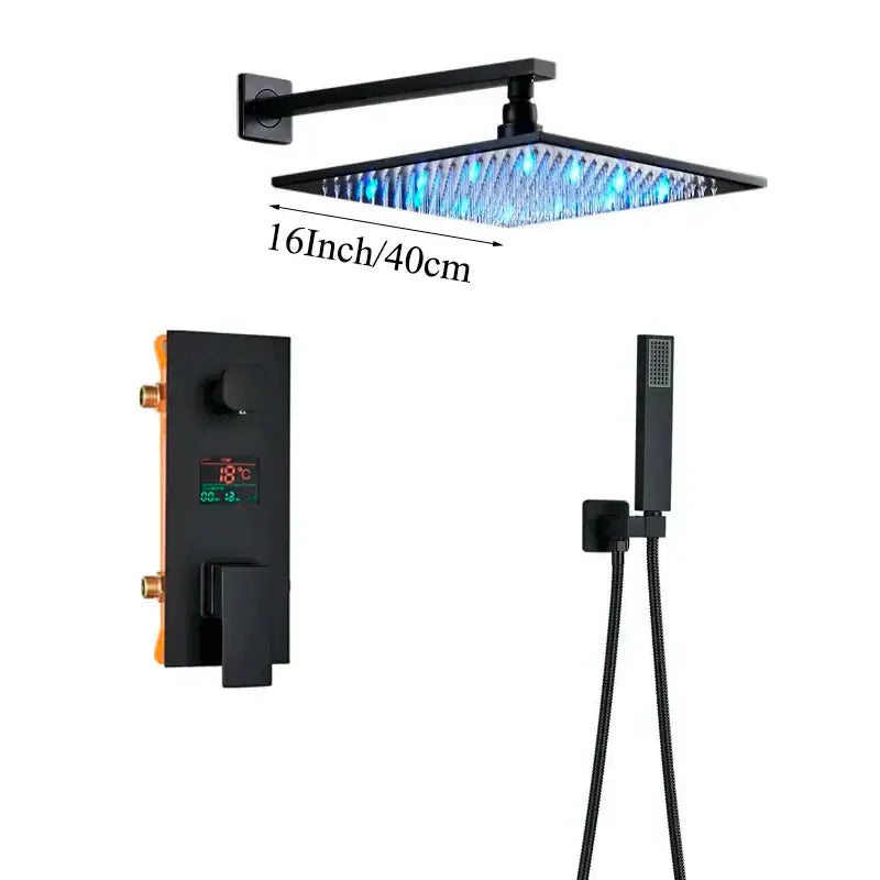 Modern matte black shower faucet set with 16-inch square rain shower head and blue led lighting for bathroom fixtures