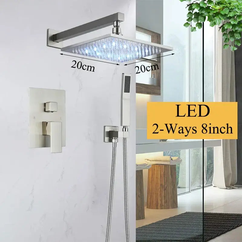 Modern matte black led rainfall shower faucet set featuring a square 20cm metallic shower faucet with blue lights