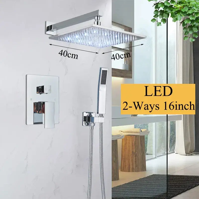 Square chrome showerhead with led lights and crystal accents from modern matte black led rainfall shower faucet set