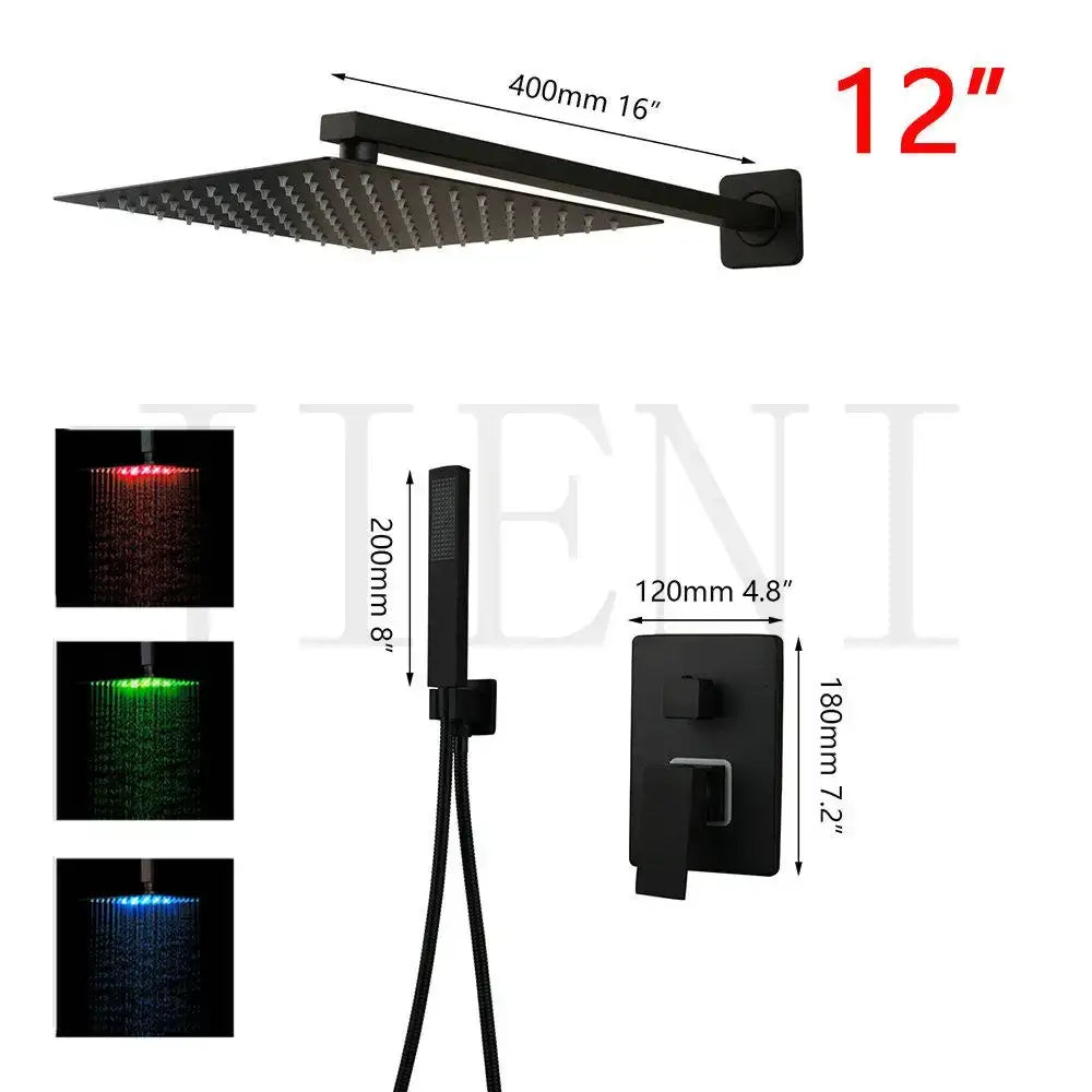 Modern matte black led shower faucet set featuring a black matte-finish square rain shower head with red green blue lighting
