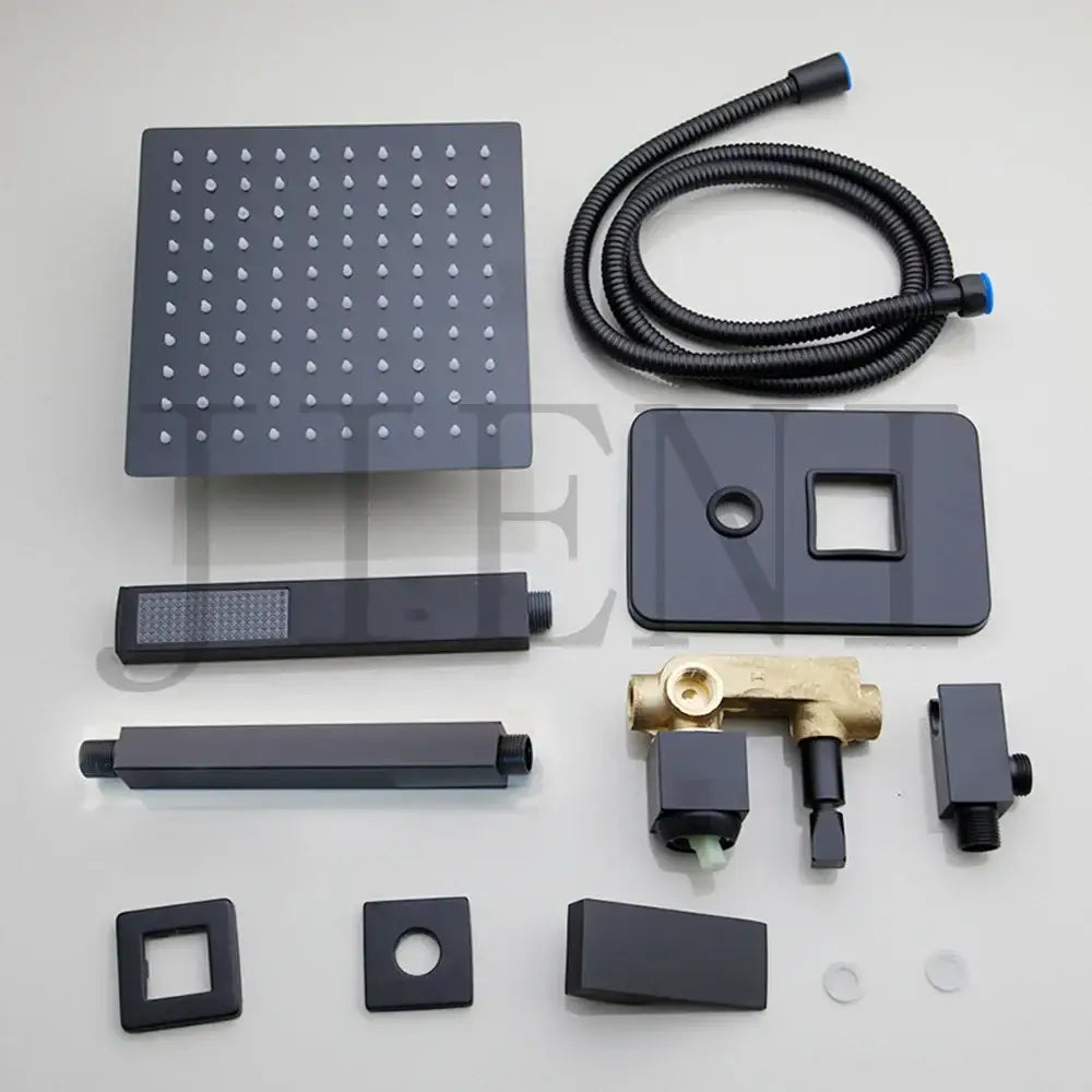 Modern matte black square showerhead with grid nozzles in shower faucet set for bathroom rain head use