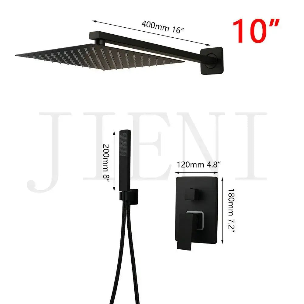 Modern matte black led shower faucet set with black matte-finish square shower head and matching handheld shower faucet set