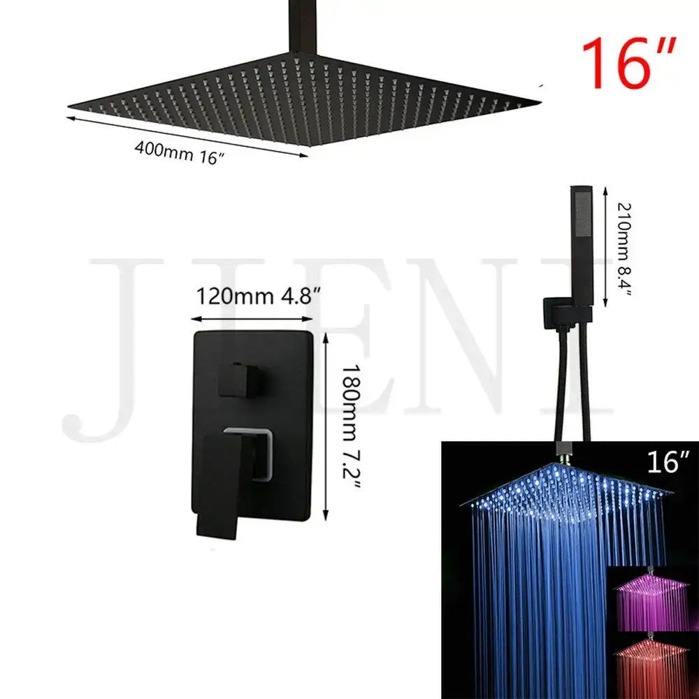 Modern matte black led shower faucet set with 16-inch square rain shower head and matching wall-mounted control valve
