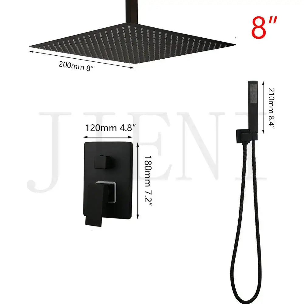 Modern matte black led shower faucet set with black matte square rain shower head and handheld wand faucet set