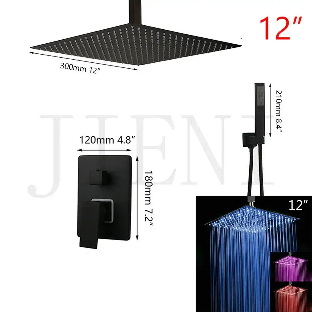 Modern matte black led shower faucet set with 12-inch square rain shower head and wall-mounted control valve