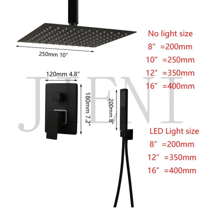 Modern matte black shower faucet set with black matte square rain head, integrated control panel, and handheld spray nozzle