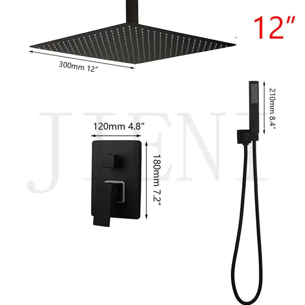Modern matte black shower faucet set featuring a black matte-finished square rain shower head with integrated handheld attachment