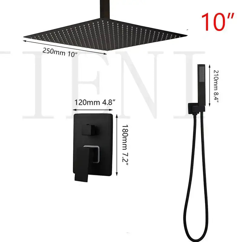 Modern matte black 10-inch square rainfall shower faucet set with matching wall-mounted valve and handheld wand