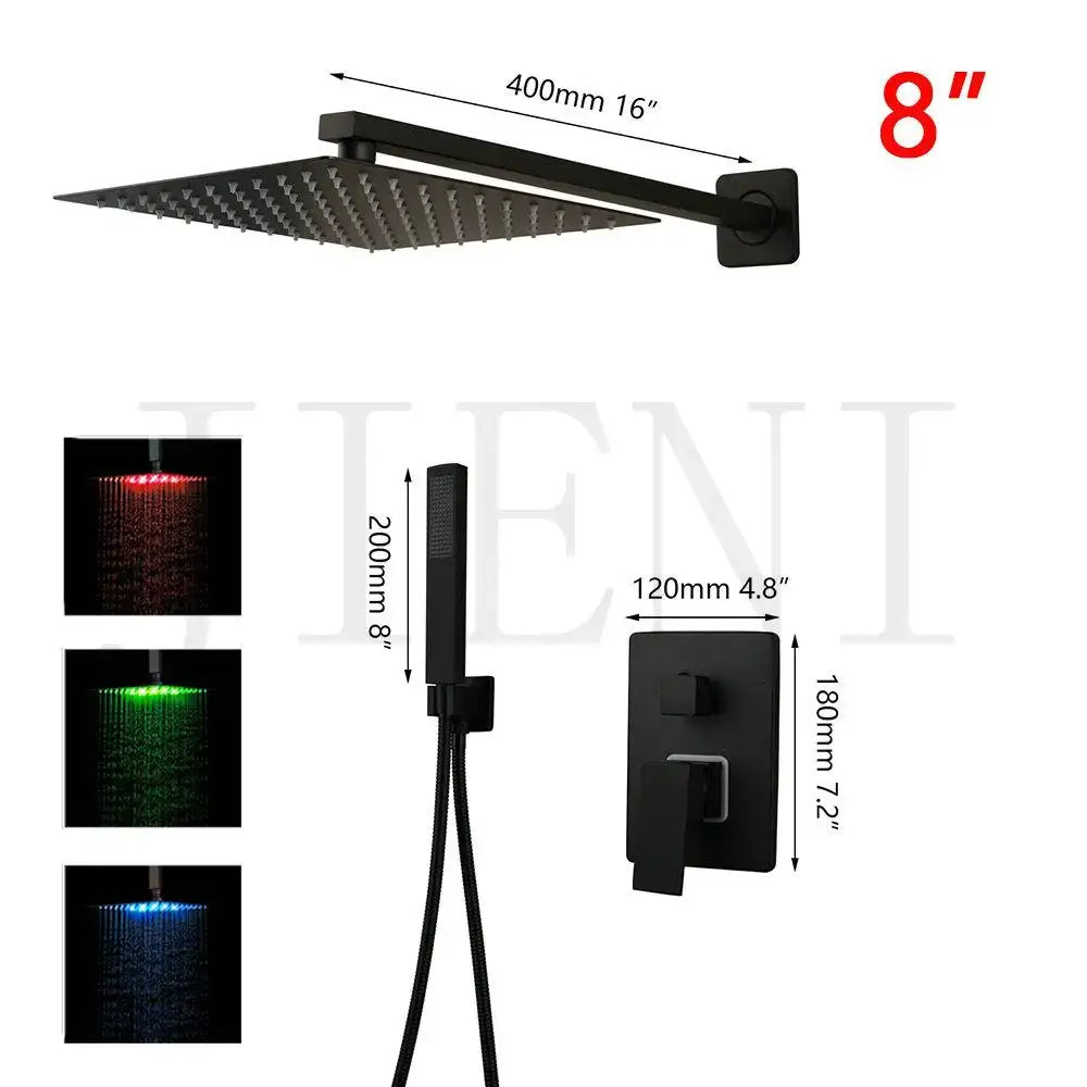 Modern matte black led shower faucet set with square black matte rain shower head and red green blue led lighting modes