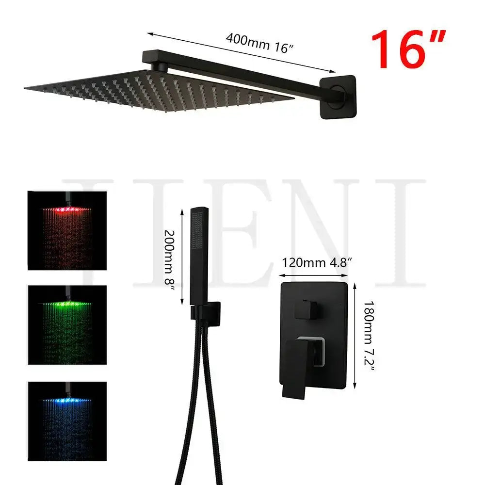 Modern matte black led shower faucet set with 16-inch square black matte rain shower head featuring red green and blue lights
