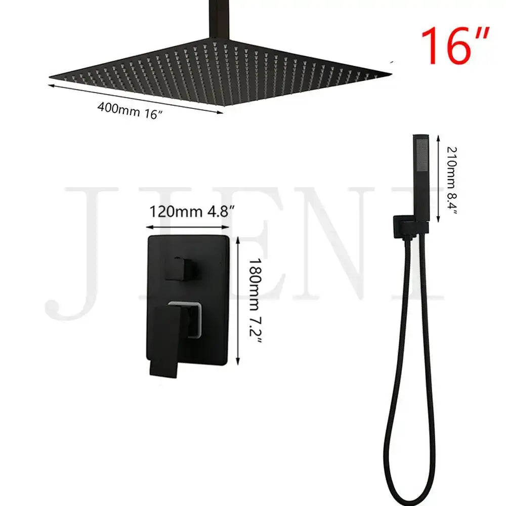Modern matte black 16-inch square rain shower head with wall-mounted valve and handheld shower faucet set