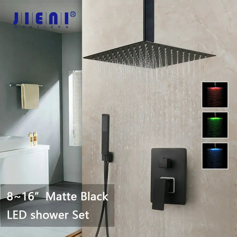Modern matte black shower faucet set with square rain shower head and integrated red green blue led lighting