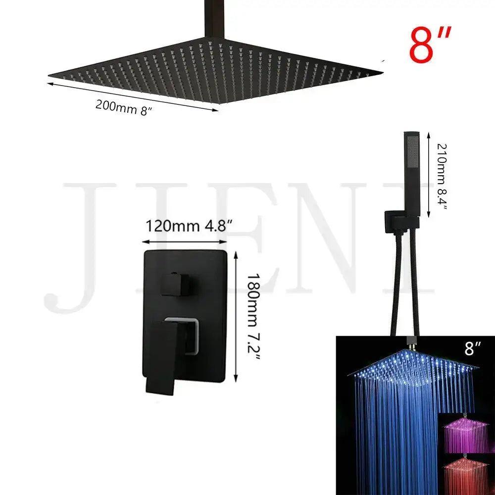 Modern matte black led shower faucet set with square rain showerhead and matching wall-mounted control unit