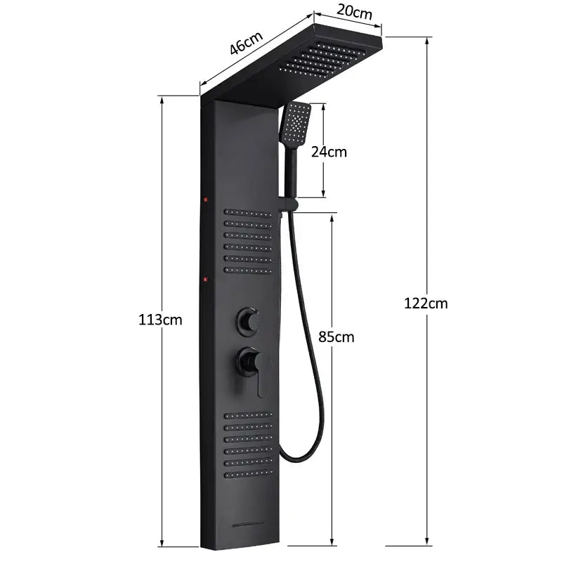 Modern matte black led shower panel with large rectangular rainhead and handheld sprayer for bathroom use